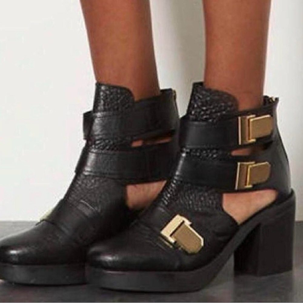Like New Topshop Black Leather Ankle Boots with Gold Buckles